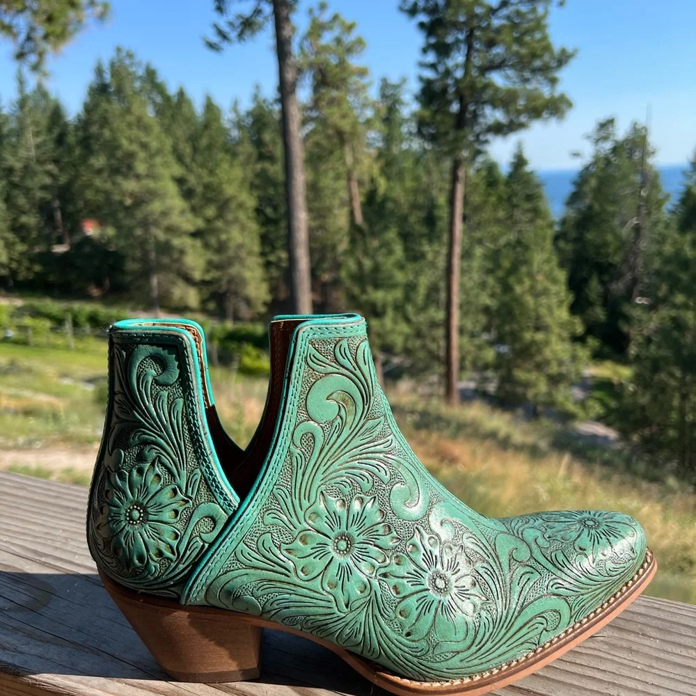 🔥Hand Tooled Genuine Leather Women Bootie Boot Boho Western Shoe Teal Turquoise - Picture 4 of 11